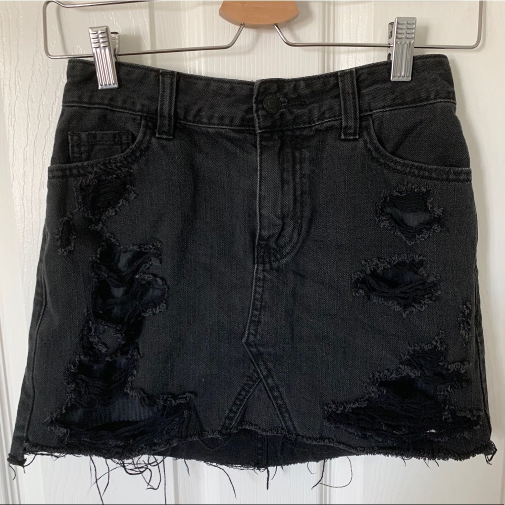 Black Distressed Denim Mini Skirt